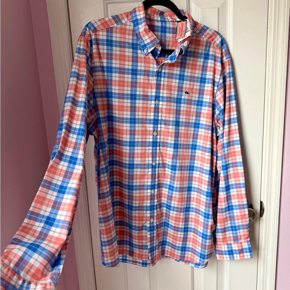 Vineyard Vines Men's Casual Plaid Shirt - Blue and Pink